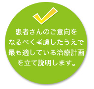 患者さんのご意向を なるべく考慮したうえで 最も適している治療計画 を立て説明します。 